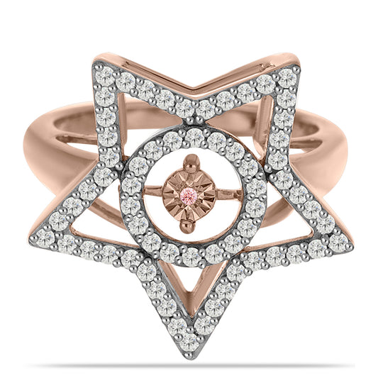 Anillo de Plata Bañada en Oro Rosa con Diamante Rosa Danzantes y Topacio Blanco