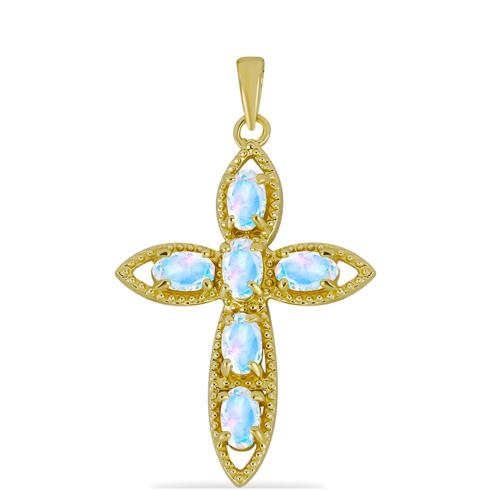 Cruz Colgante de Plata Bañada en Oro con Piedra Lunar Arco Iris