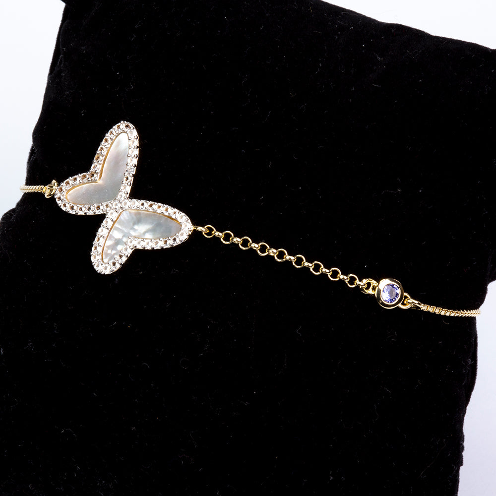 Pulsera de Plata Bañada en Oro con Tanzanita AAA y Madreperla