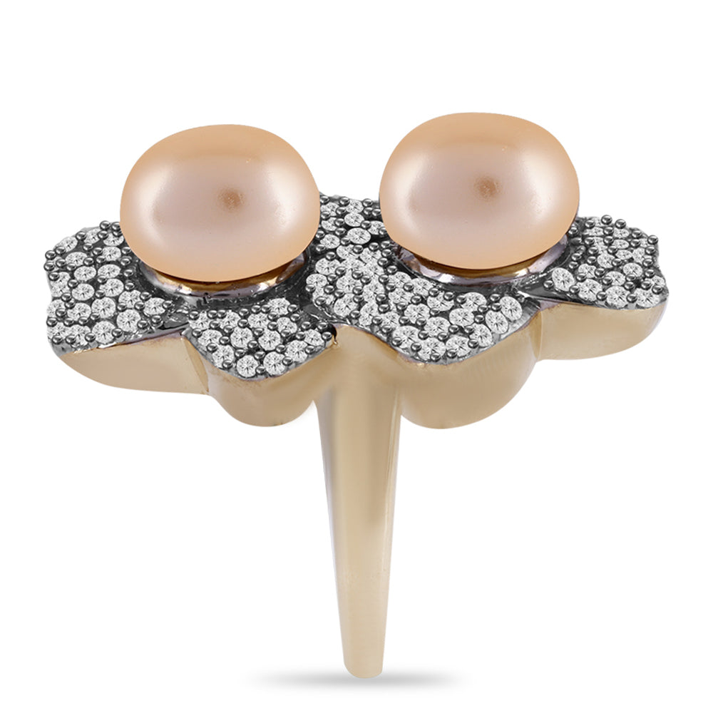 Anillo de Plata Bañada en Oro con Perla Dorada de Agua Dulce y Topacio Blanco