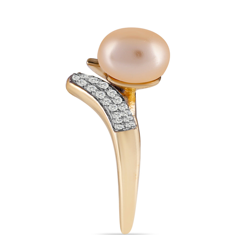Anillo de Plata Bañada en Oro con Perla Dorada de Agua Dulce y Topacio Blanco