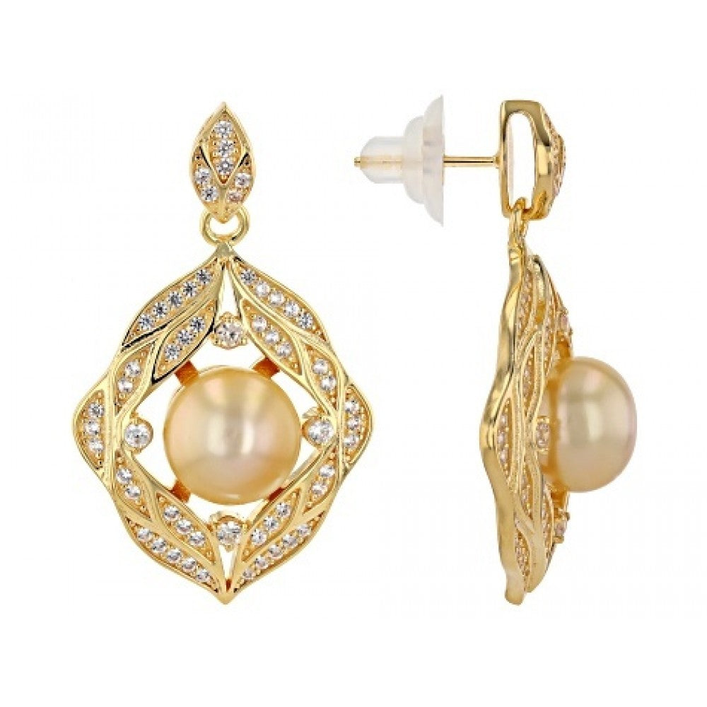 Pendientes de Plata Bañada en Oro con Perla Dorada de Agua Dulce y Topacio Blanco