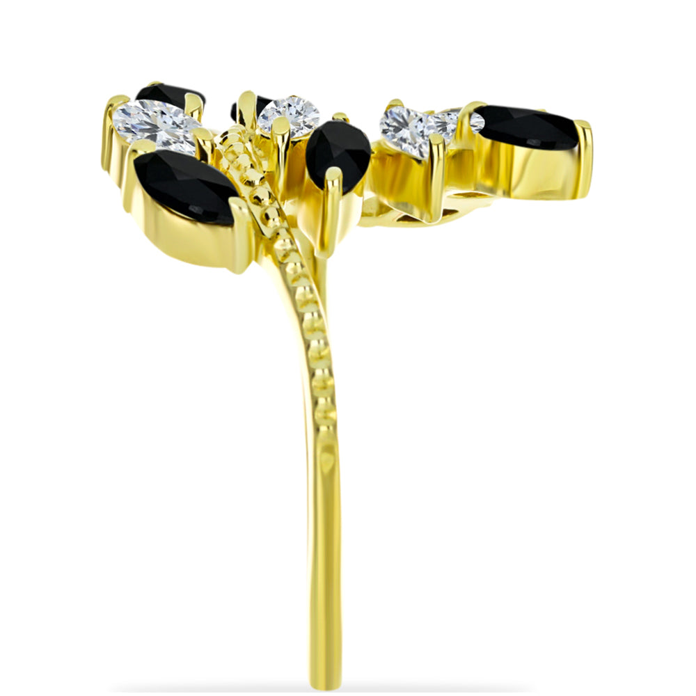 Anillo de Plata Bañada en Oro con Ónix Negro y Topacio Blanco