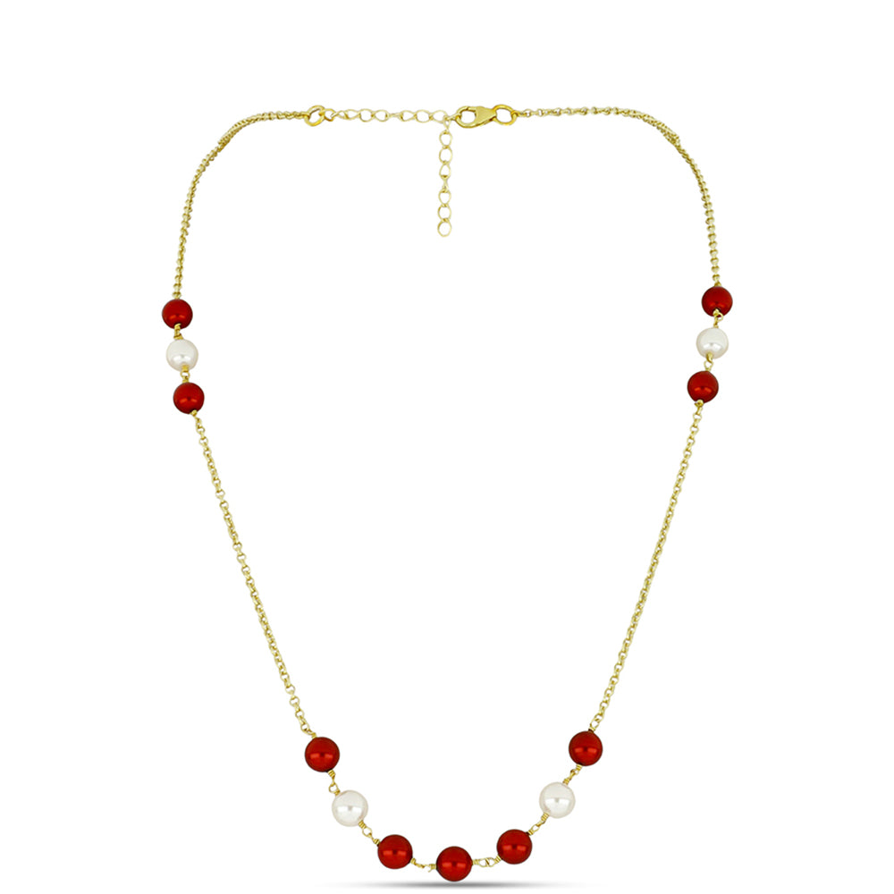 Collar de Plata Bañada en Oro con Perla roja de río y Perla de Agua Dulce Blanca