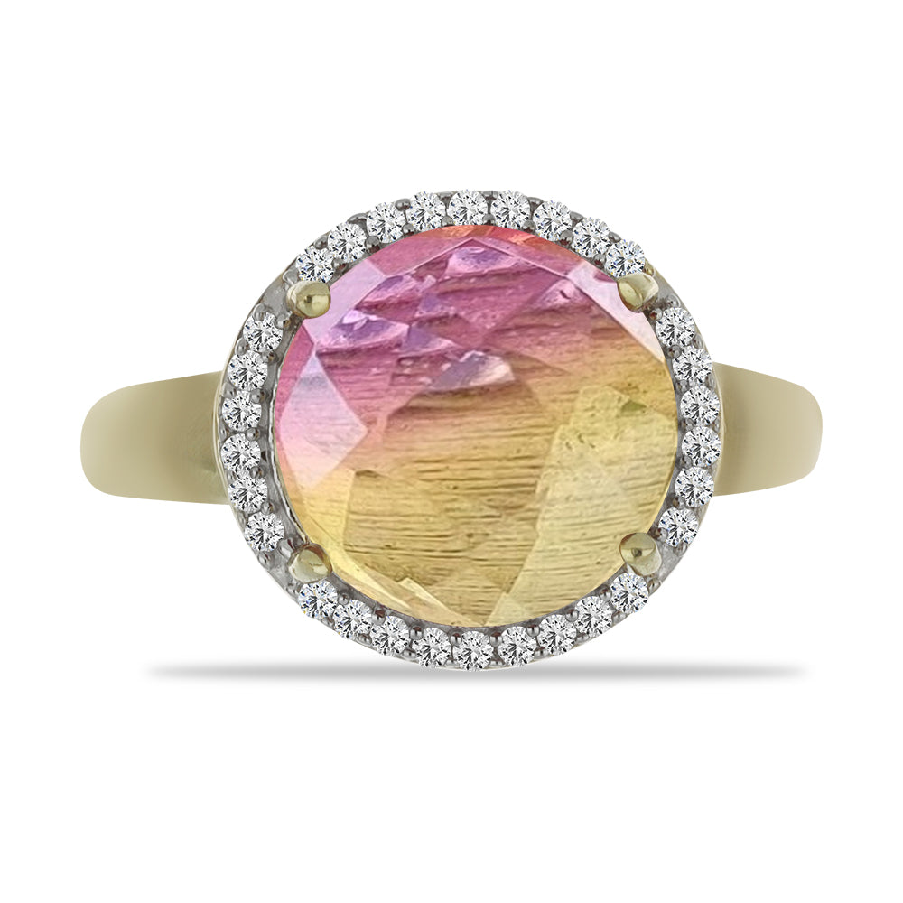 Anillo de Plata Bañada en Oro con Fluorita morada y Topacio Blanco