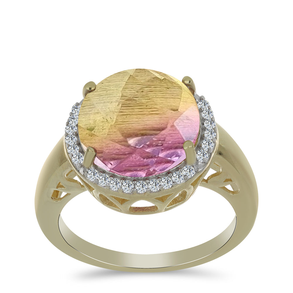 Anillo de Plata Bañada en Oro con Fluorita morada y Topacio Blanco