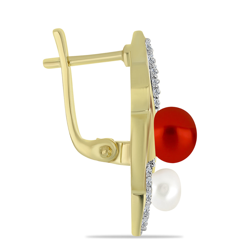 Pendientes de Plata Bañada en Oro con Perla roja de río y Topacio Blanco