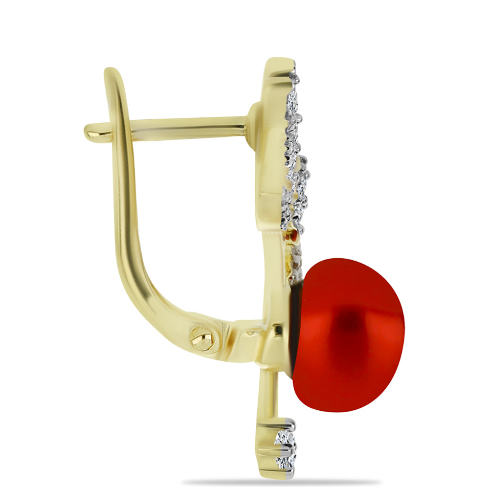 Pendientes de Plata Bañada en Oro con Perla roja de río y Topacio Blanco