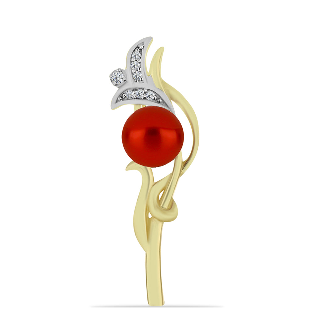Broche de Plata Bañada en Oro con Perla roja de río y Topacio Blanco 1