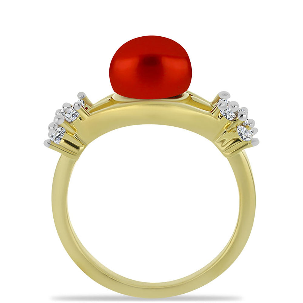 Anillo de Plata Bañada en Oro con Perla roja de río y Topacio Blanco