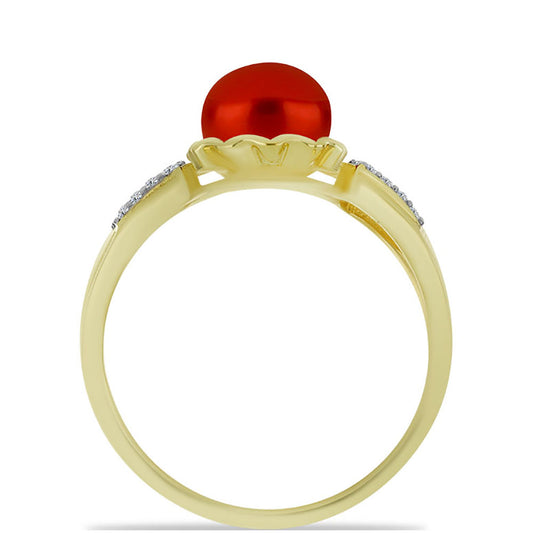 Anillo de Plata Bañada en Oro con Perla roja de río y Topacio Blanco