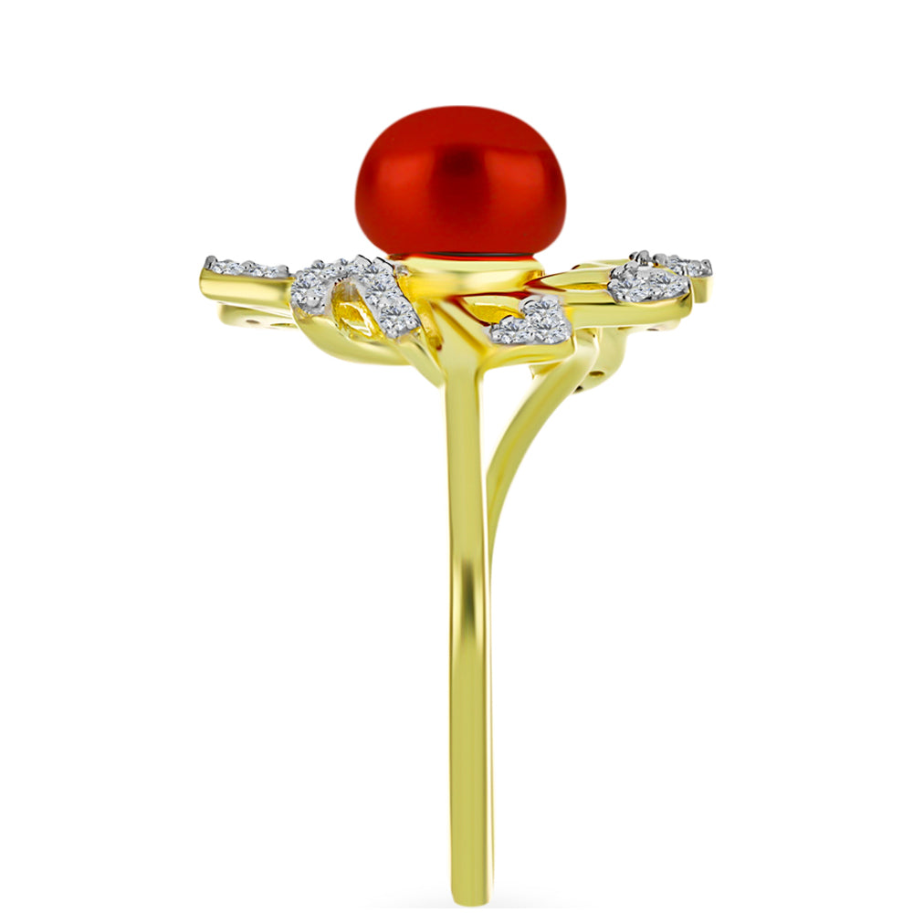 Anillo de Plata Bañada en Oro con Perla roja de río y Topacio Blanco