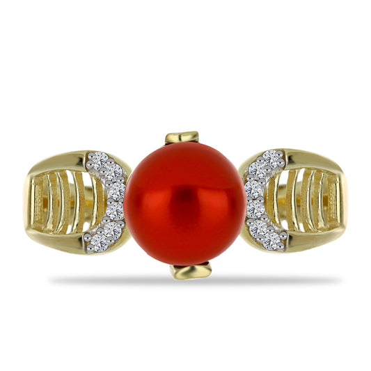 Anillo de Plata Bañada en Oro con Perla roja de río y Topacio Blanco