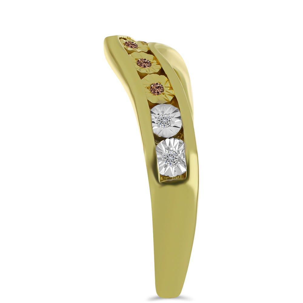 Anillo de Plata Bañada en Oro con Diamante Champagne y Diamante blanco