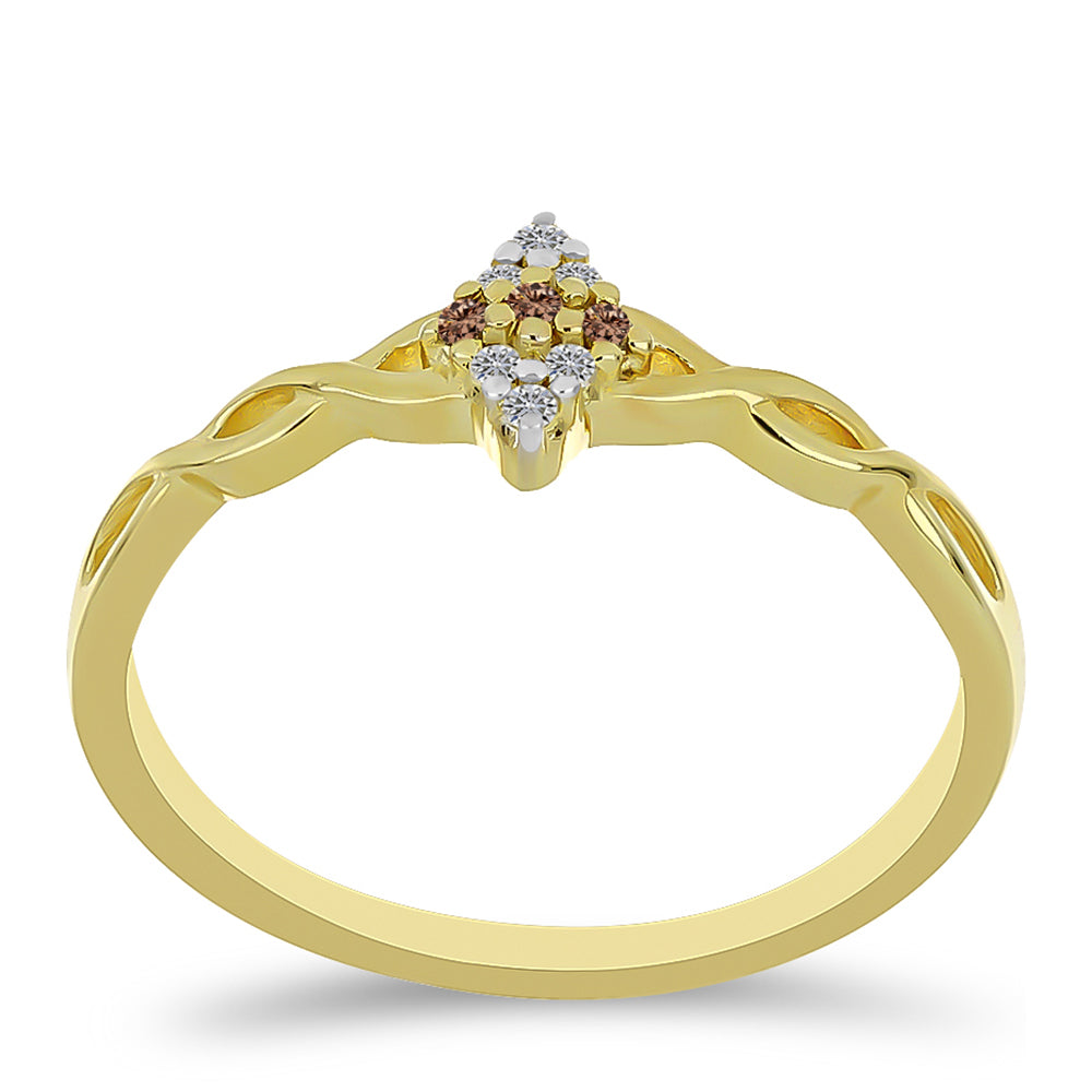 Anillo de Plata Bañada en Oro con Diamante Champagne y Diamante blanco