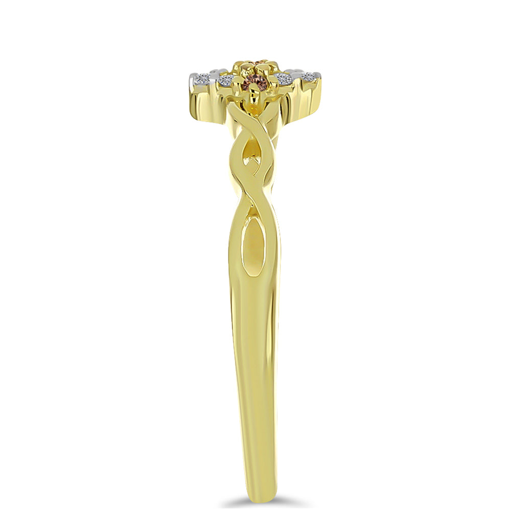 Anillo de Plata Bañada en Oro con Diamante Champagne y Diamante blanco