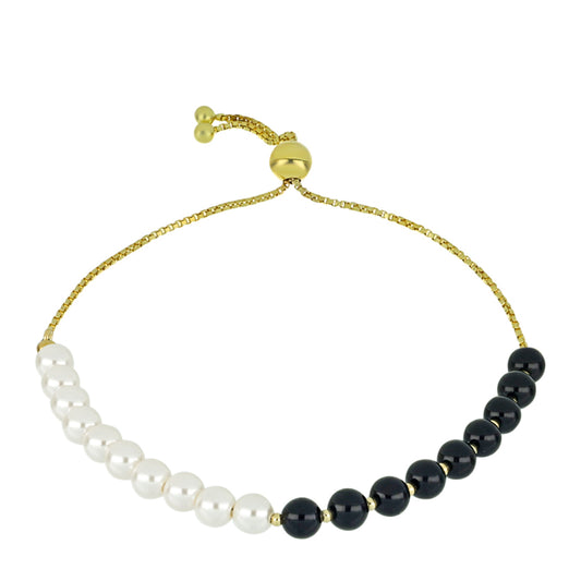 Pulsera de Plata Bañada en Oro con Ónix negro de Suwar y Perla de Agua Dulce