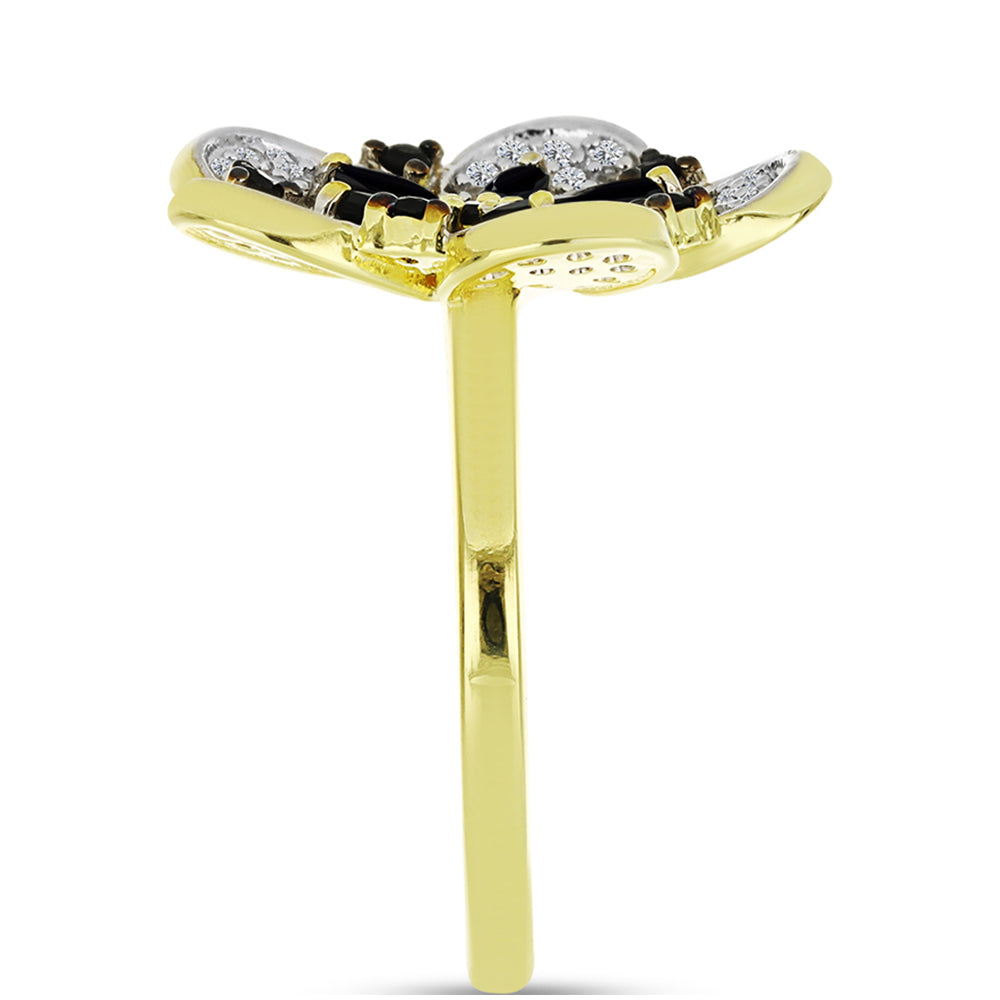 Anillo de Plata Bañada en Oro con Espinela Negra y Topacio Blanco