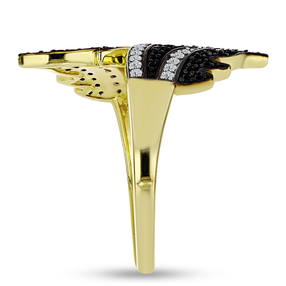 Anillo de Plata Bañada en Oro con Espinela Negra y Topacio Blanco