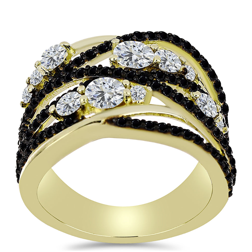 Anillo de Plata Bañada en Oro con Espinela Negra y Topacio Blanco