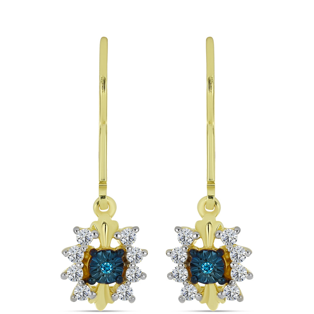 Pendientes de Plata Bañada en Oro con Diamante Azul y Topacio Blanco