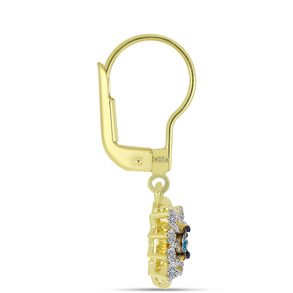 Pendientes de Plata Bañada en Oro con Diamante Azul y Topacio Blanco