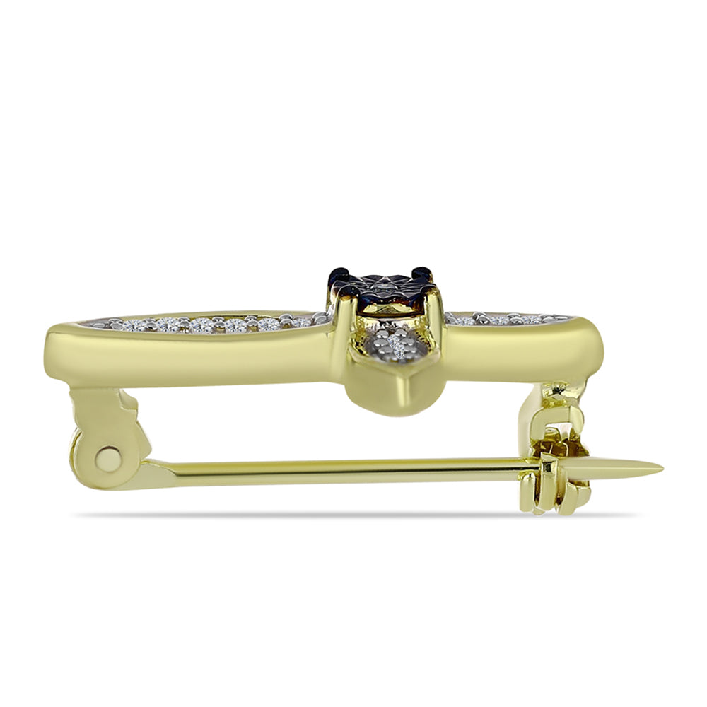 Cruz Broche de Plata Bañada en Oro con Diamante Azul y Topacio Blanco