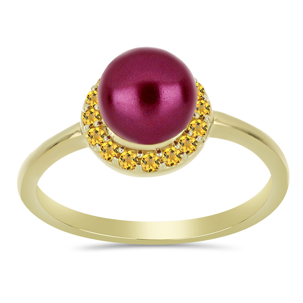 Anillo de Plata Bañada en Oro con Perla Púrpura de Agua dulce y Citrino de los Montes Urales
