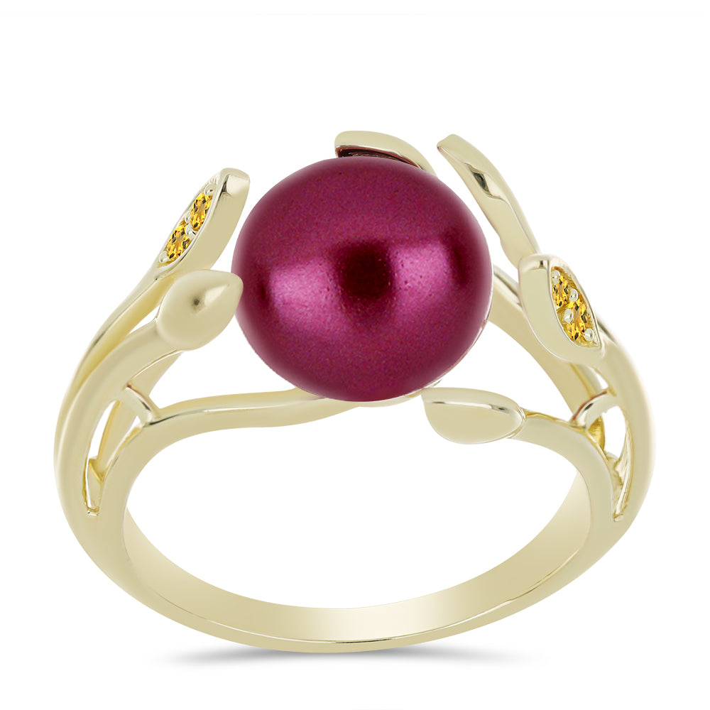 Anillo de Plata Bañada en Oro con Perla Púrpura de Agua dulce y Citrino de los Montes Urales