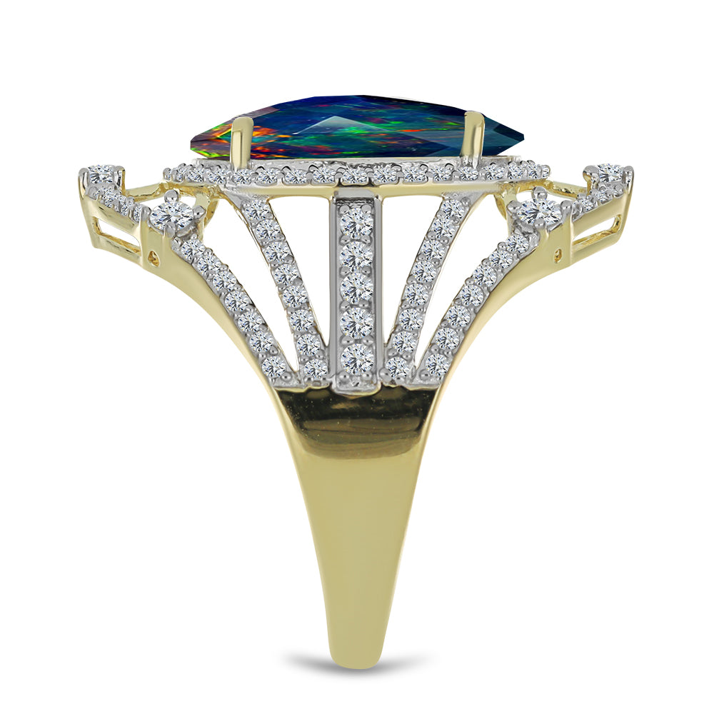 Anillo de Plata Bañada en Oro con Ópalo negro medianoche Lega Dembi de Ëtiopía y Topacio Blanco