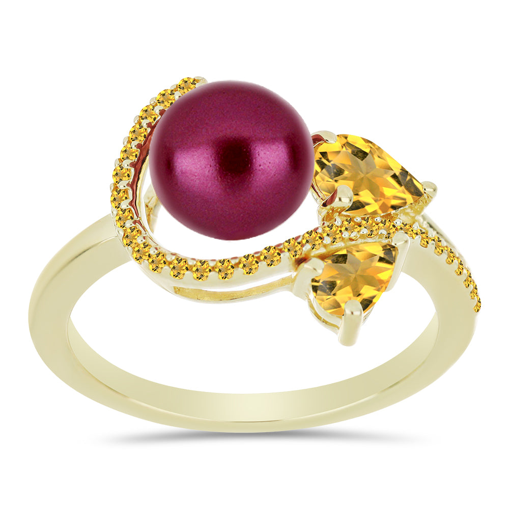 Anillo de Plata Bañada en Oro con Perla Púrpura de Agua dulce y Citrino de los Montes Urales