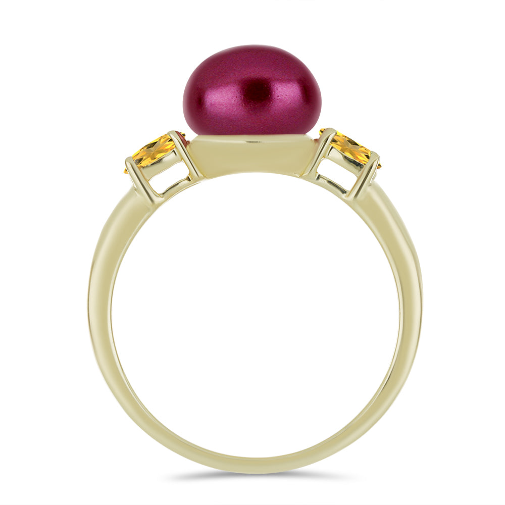 Anillo de Plata Bañada en Oro con Perla Púrpura de Agua dulce y Citrino de los Montes Urales