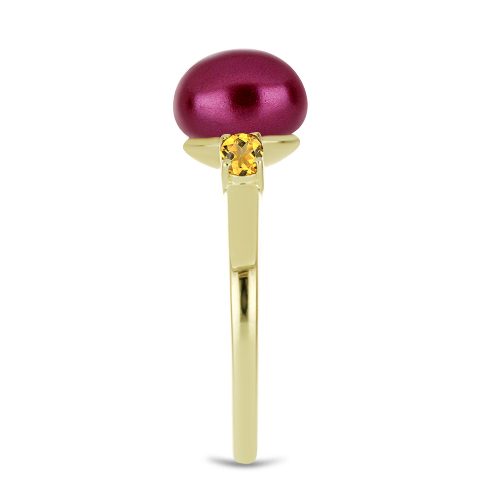 Anillo de Plata Bañada en Oro con Perla Púrpura de Agua dulce y Citrino de los Montes Urales