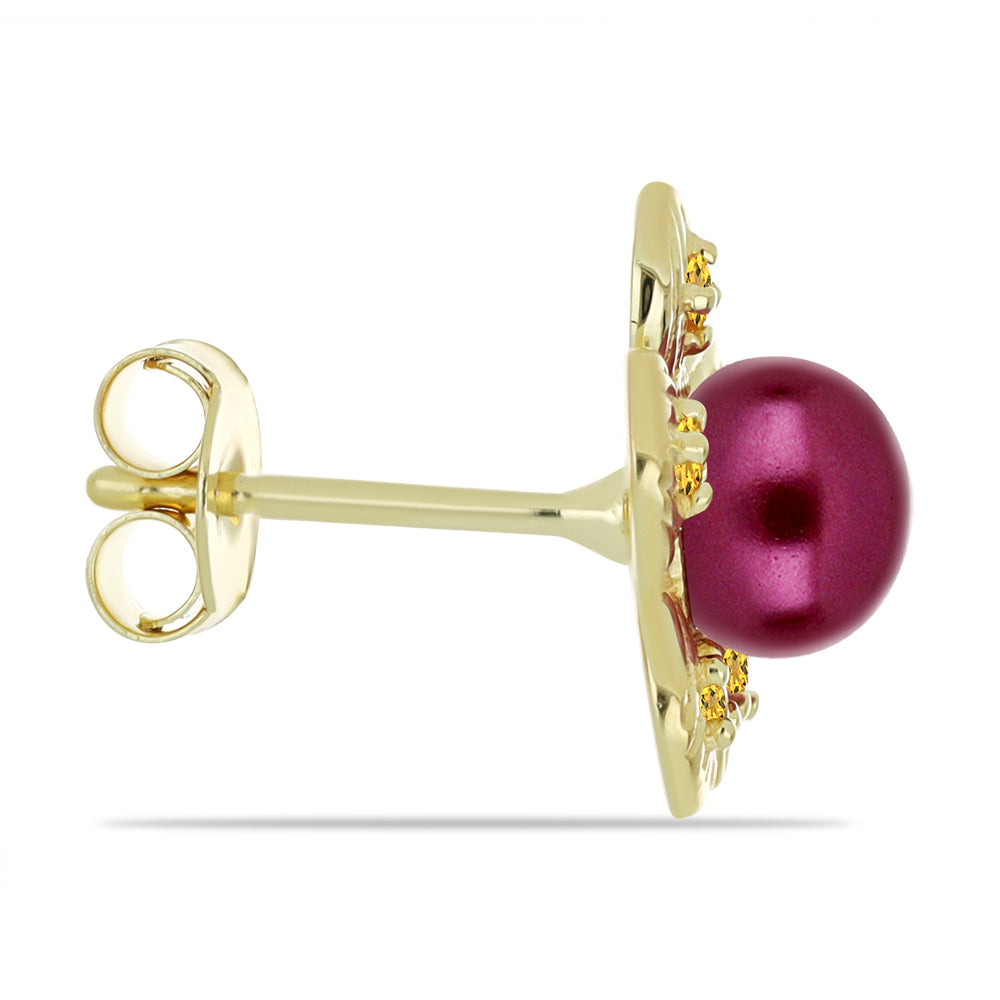 Pendientes de Plata Bañada en Oro con Perla Púrpura de Agua dulce y Citrino de los Montes Urales