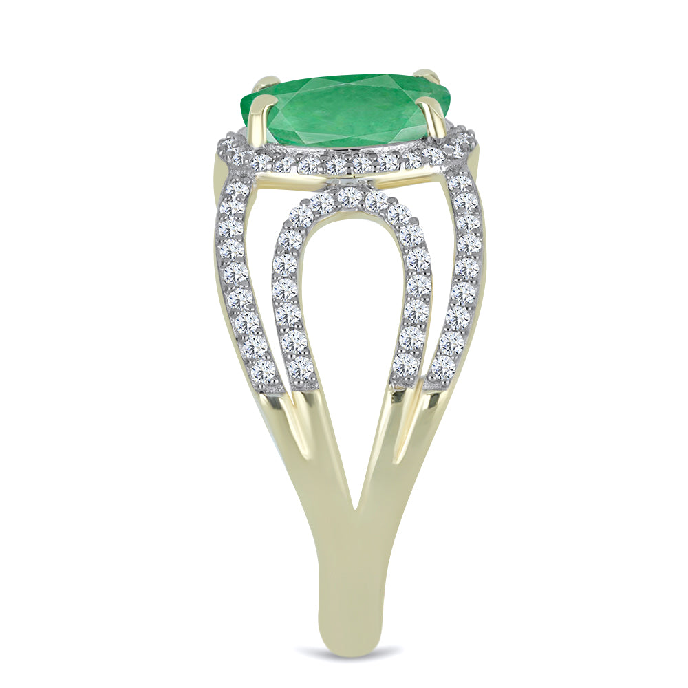 Anillo de Plata Bañada en Oro con Esmeralda de Brasil y Topacio Blanco