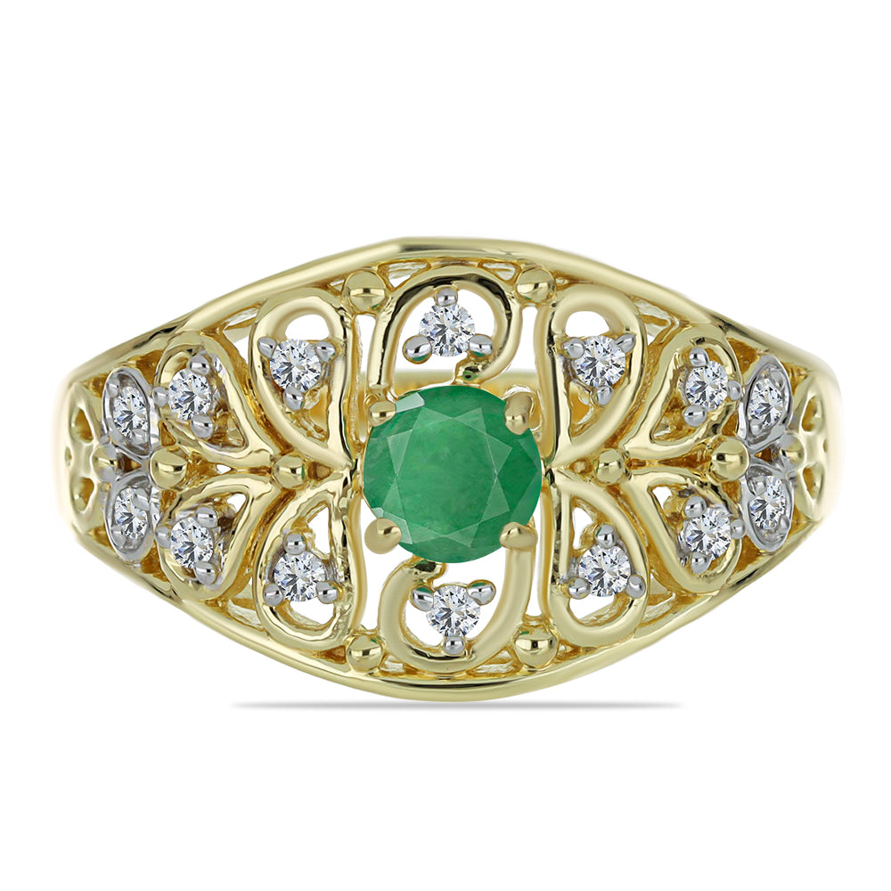Anillo de Plata Bañada en Oro con Esmeralda de Brasil y Topacio Blanco