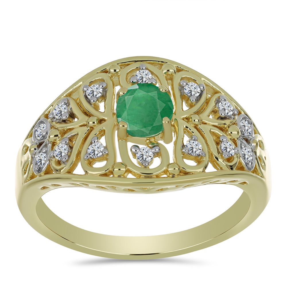 Anillo de Plata Bañada en Oro con Esmeralda de Brasil y Topacio Blanco