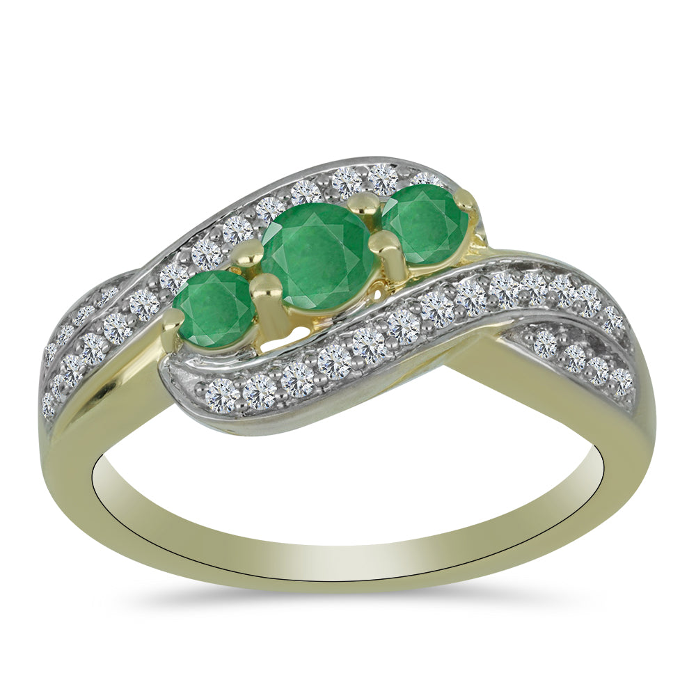 Anillo de Plata Bañada en Oro con Esmeralda de Brasil y Topacio Blanco
