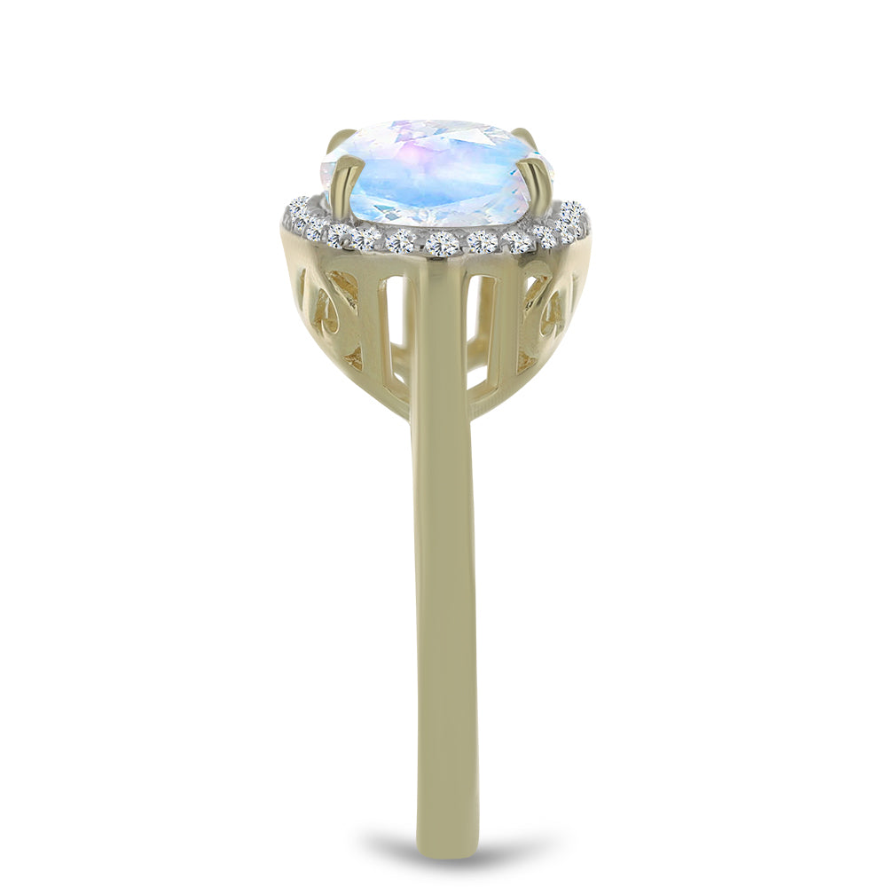 Anillo de Plata Bañada en Oro con Piedra Lunar Arco Iris y Topacio Blanco