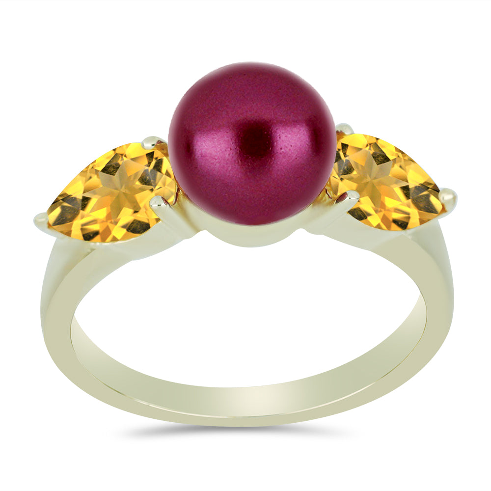 Anillo de Plata Bañada en Oro con Perla Púrpura de Agua dulce y Citrino de los Montes Urales