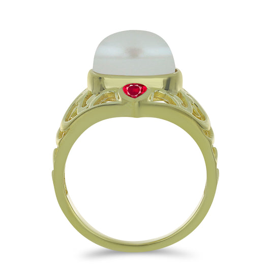 Anillo de Plata Bañada en Oro con Perla de Agua Dulce y Rubí de Madagascar