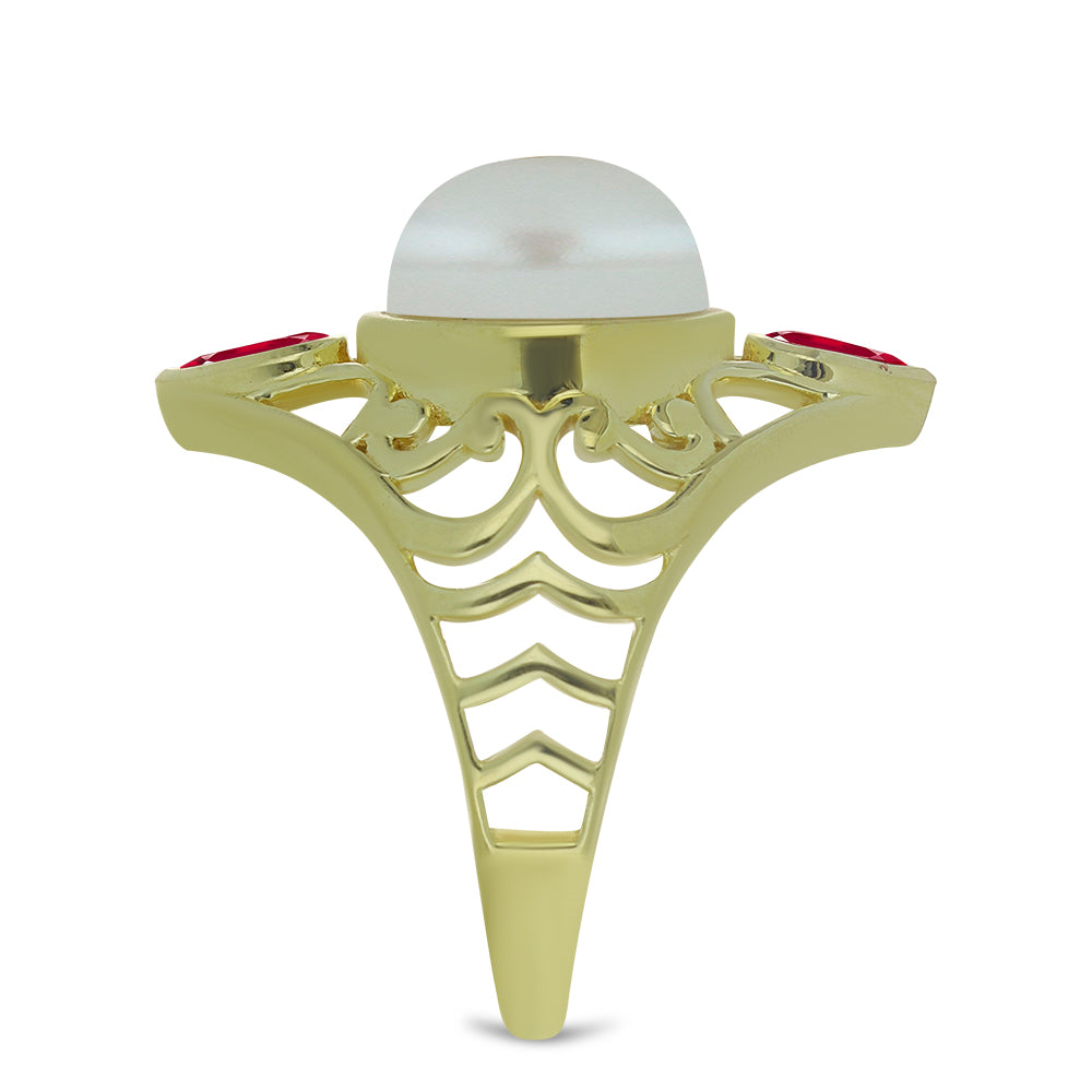 Anillo de Plata Bañada en Oro con Perla de Agua Dulce y Rubí de Madagascar