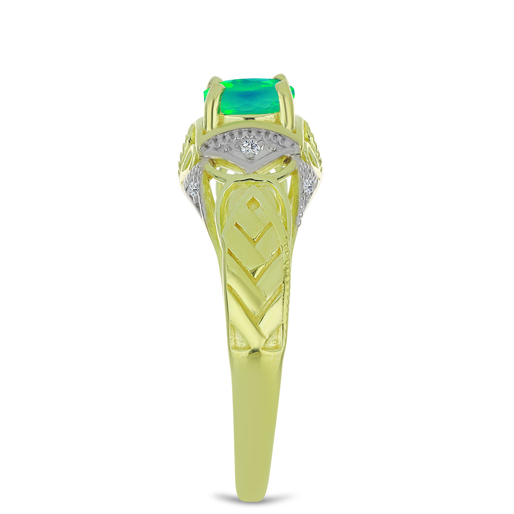 Anillo de Plata Bañada en Oro con Ópalo Verde Etíope de Lega Dembi y Topacio Blanco