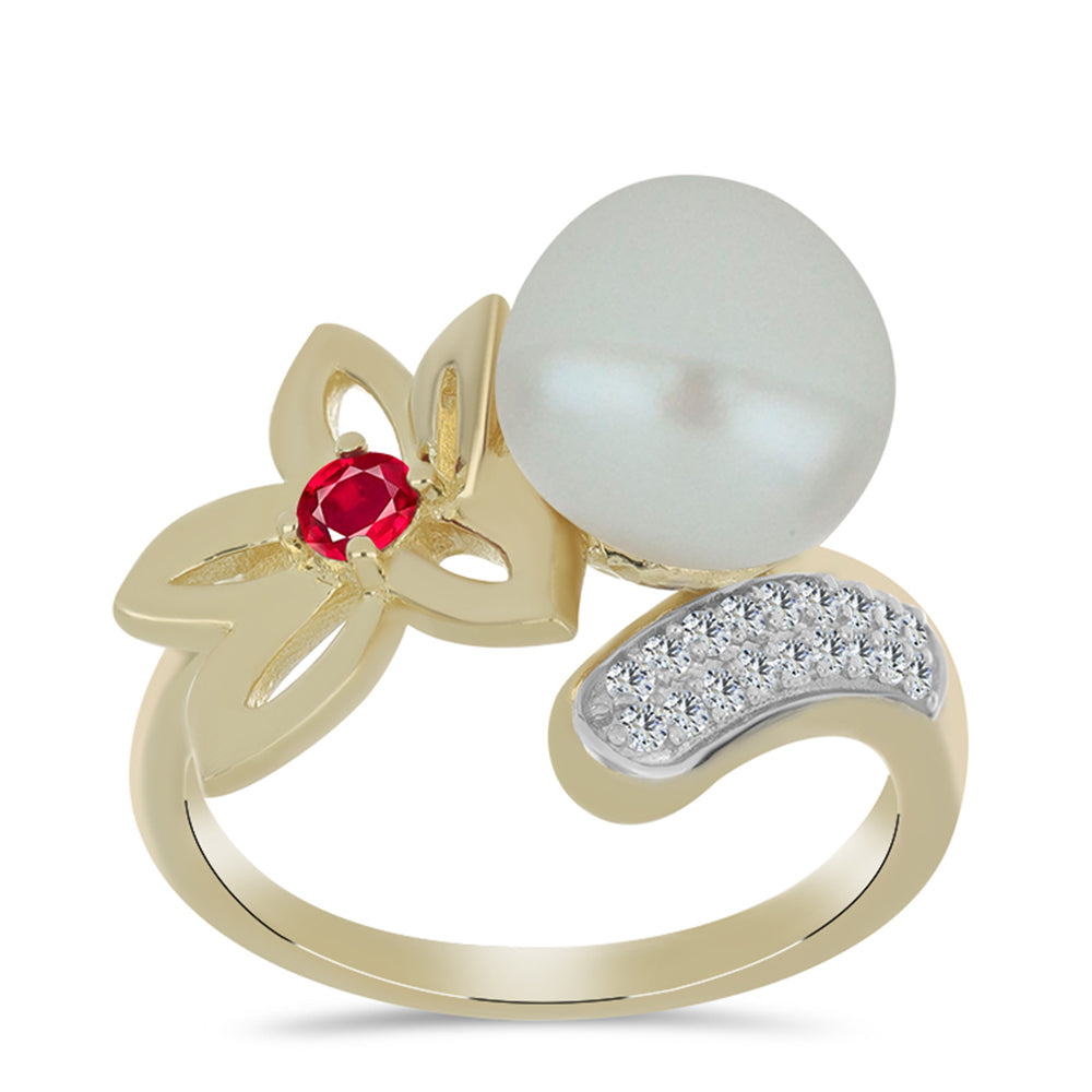 Anillo de Plata Bañada en Oro con Perla de Agua Dulce y Rubí de Madagascar