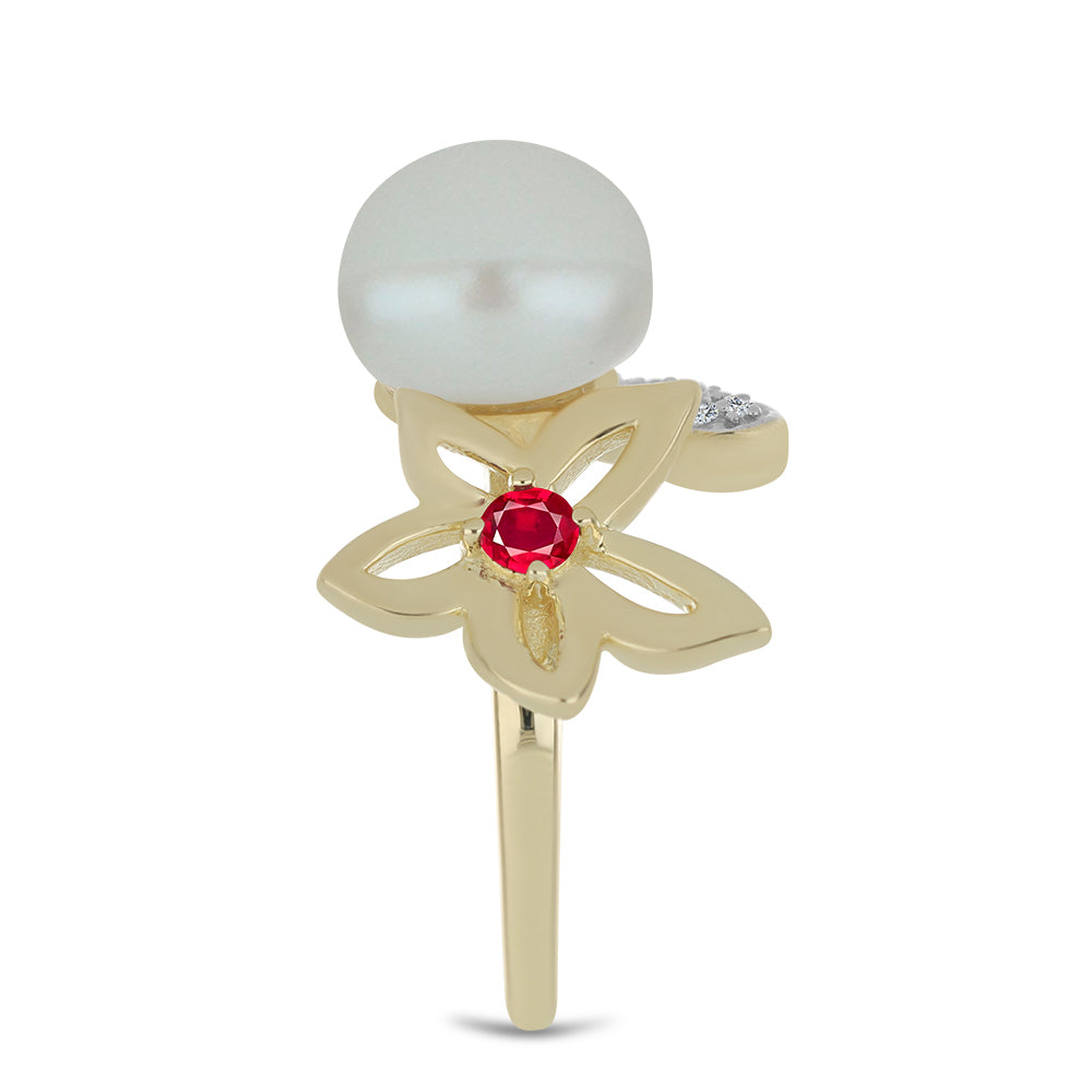 Anillo de Plata Bañada en Oro con Perla de Agua Dulce y Rubí de Madagascar