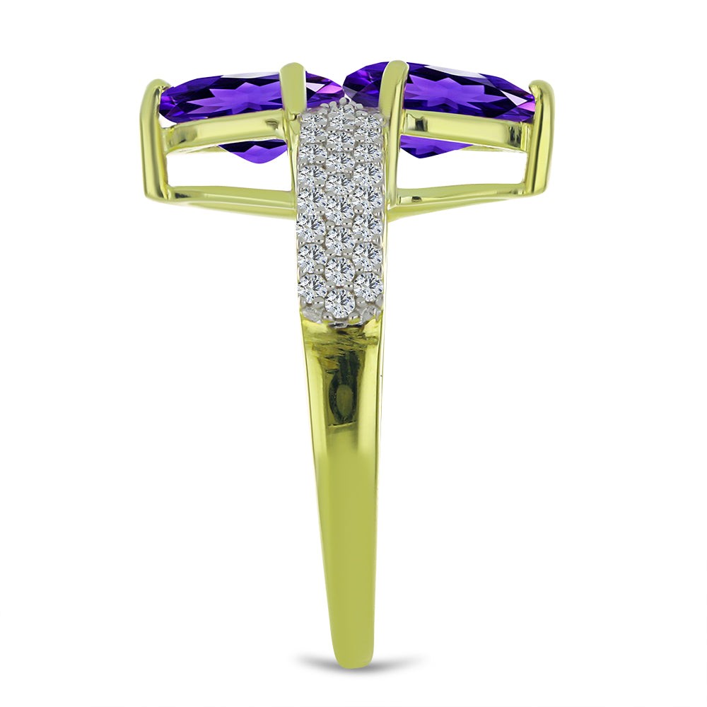 Anillo de Plata Bañada en Oro con Amatista de Marruecos y Topacio Blanco