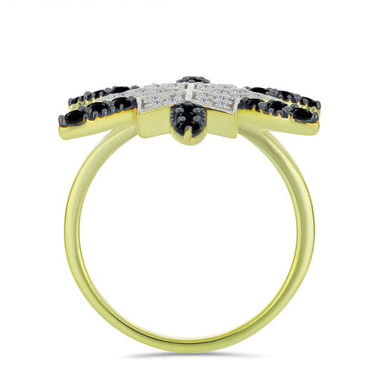 Anillo de Plata Bañada en Oro con Espinela Negra y Topacio Blanco