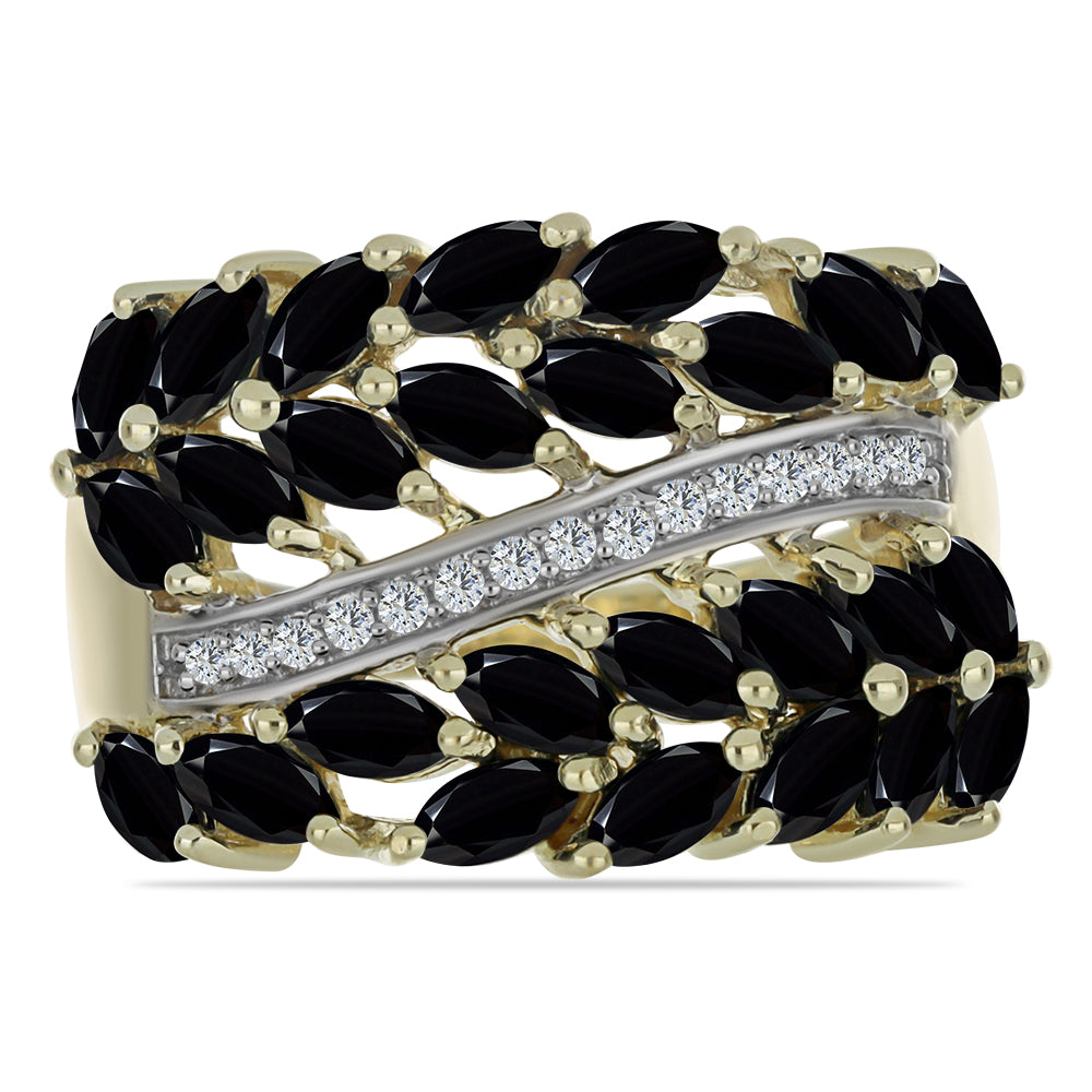 Anillo de Plata Bañada en Oro con Espinela Negra y Topacio Blanco