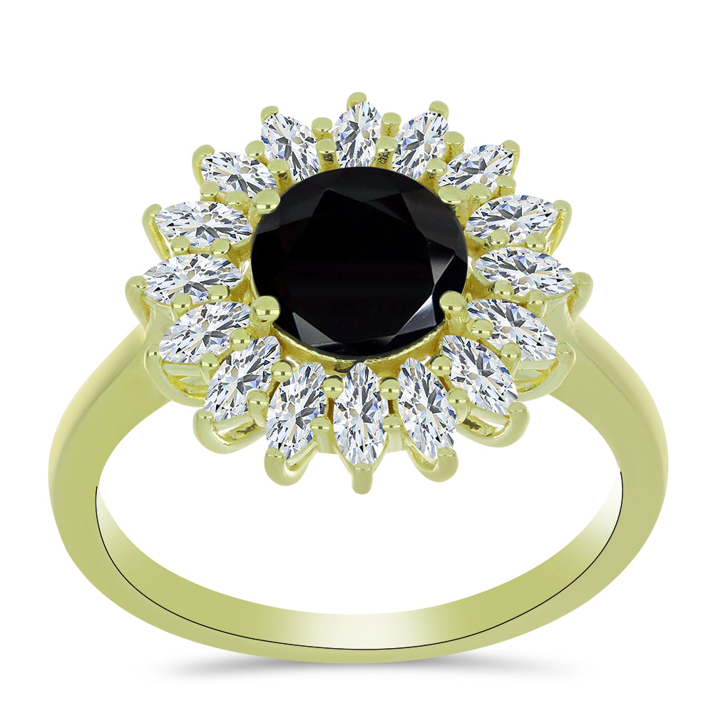 Anillo de Plata Bañada en Oro con Espinela Negra y Topacio Blanco
