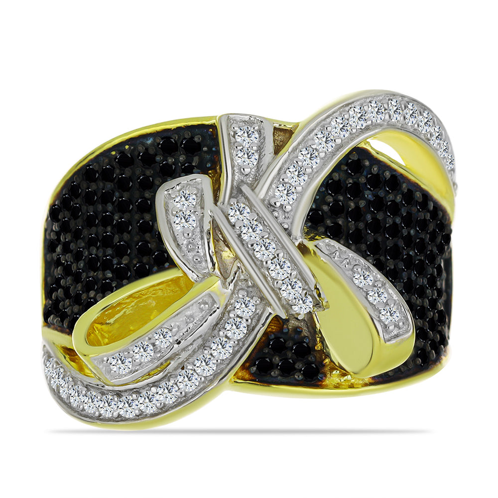 Anillo de Plata Bañada en Oro con Espinela Negra y Topacio Blanco